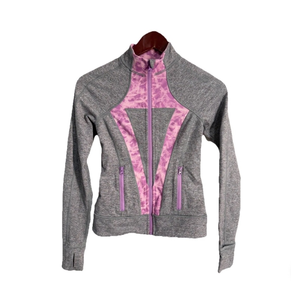 Ivivva Girls size 10 Perfect Your Practice Jacket Full Zip Thumbholes Gray Pink